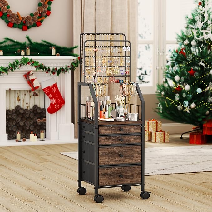 SWTYMIKI Large Jewelry Organizer Stand - Multifunctional Rack Tower for Necklace, Earring, Ring & Bracelet Display - Moveable Storage Jewelry Holder Stand with 4 Nonwoven Drawers for Bedroom Espresso
