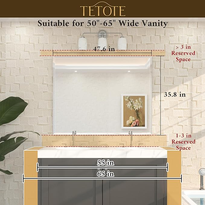 TETOTE 48" x 36" Large Mirror with Frameless Tempered Beveled Edge for Vanity and Bathroom