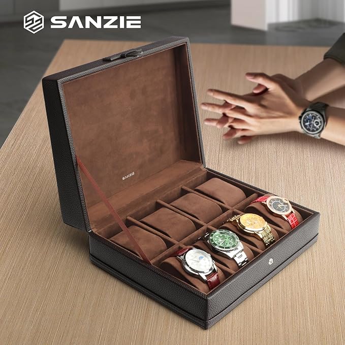 SANZIE 8-Slot Watch Box for Mens Watch Case with Removable Watch Pillows, Watch Holder Organizer Watch Storage with Brown Synthetic Leather (Brown)