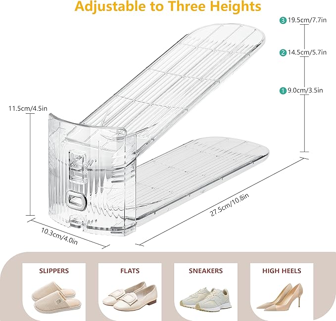 10-Pack Shoe Slot Organizer & Shoe Stacker for Closet, Adjustable Shoe Space Saver, Double Deck Clear Shoe Storage for Small Spaces (Transparent)