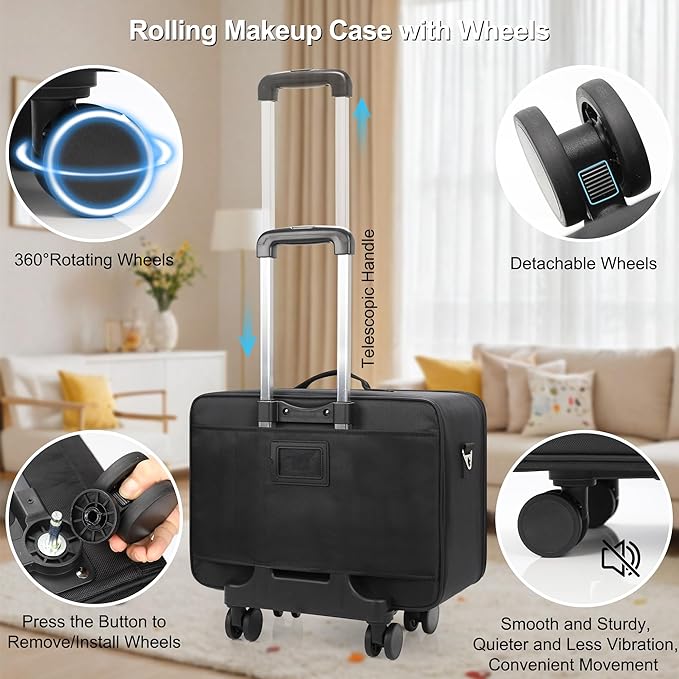 MONSTINA Rolling Train Case with Wheels, Extra Large Makeup Bag with 4 Bags Professional Hairdressing Bag Hairstylist Travel Bag Cosmetology Case on Wheels for Makeup Artist Hairstylist