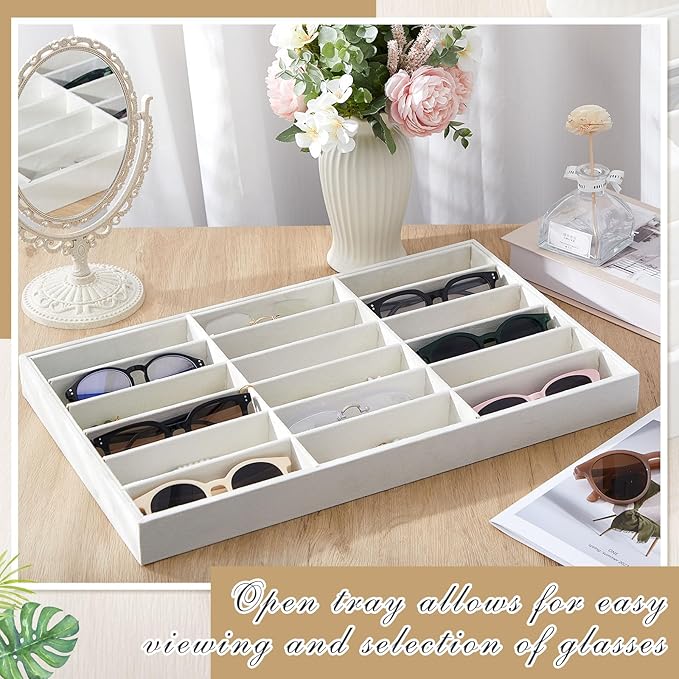 Amylove 2 Pcs Sunglass Organizer Trays Glasses Stackable Jewelry Trays Sunglass Organizer Display Box(18 Grids,Beige)