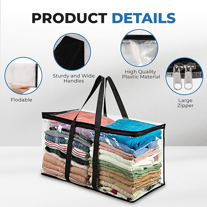 2 Pack Clear Large Moving Bags, Heavy Duty Storage Bags, College Totes, Storage Bins, for Organizing Blankets, Clothing for College, Dorm, Packing, Durable with Zipper and Handle 25x14x12