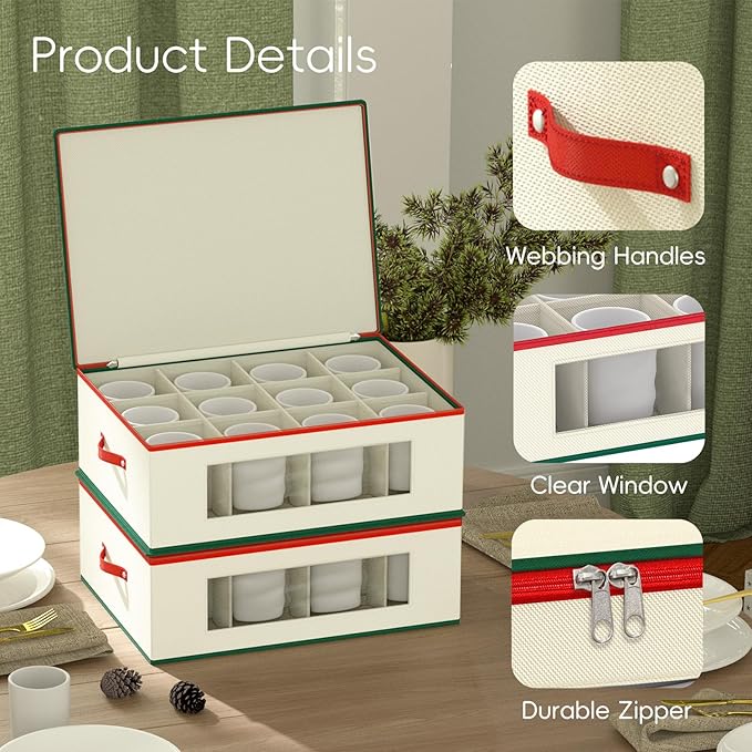 homyfort Mug Storage Box Organizer, China Cup Storage Containers with Dividers, 2 Pack Hard Shell for 24 Tea Cups and Coffee Mugs
