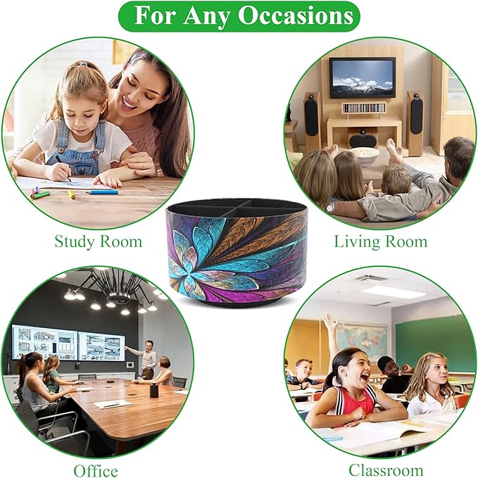 Hennaja Round Leather Art Supply Organizer,Remote Control Holder,360 Degree Rotating,Multi-Functional Pencil Holder,4 Compartments Desktop Stationary Organizer(1-Fractal Flower) | Round, 360 Degree Rotating, Multi-Functional, Desktop