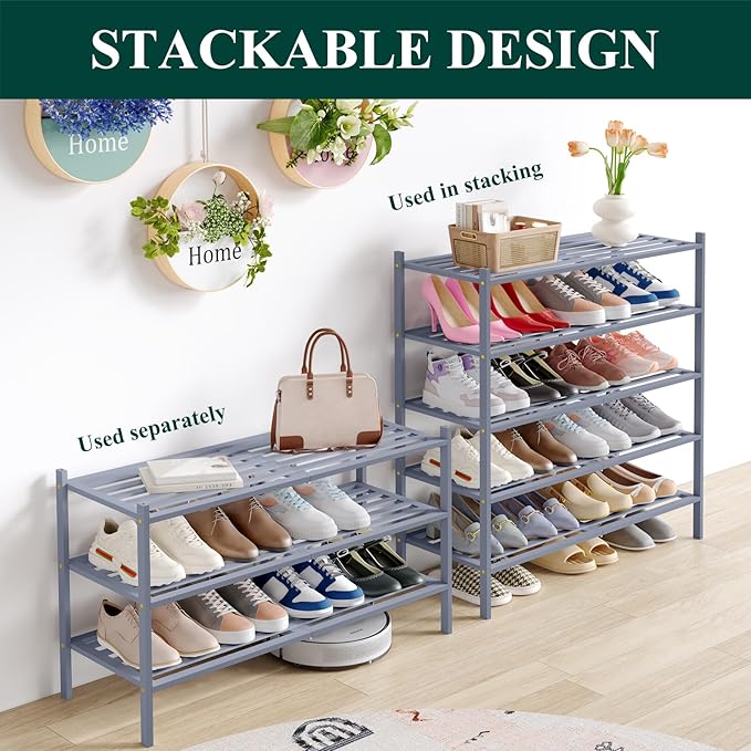 Smiry Long Bamboo Shoe Rack 3-Tier, Stackable Wooden Shoe Organizer for Entryway & Closet, Free Standing Wood Shoe Storage Shelf for Front Door & Small Spaces, Grey