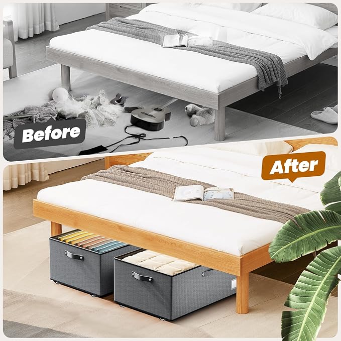 Underbed Storage with Wheels, 2 Pack Under Bed Storage Containers with Clear Lids, No Assembly Required 10.1 inch Rolling Under Bed Storage for Clothes, Grey