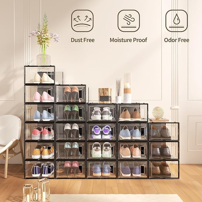 12 Pack XX Large Shoe Organizer Storage Boxes for Closet, Modular Space Saving Shoe Boxes Clear Plastic Stackable Sneaker Containers Display Case with Lids, Black