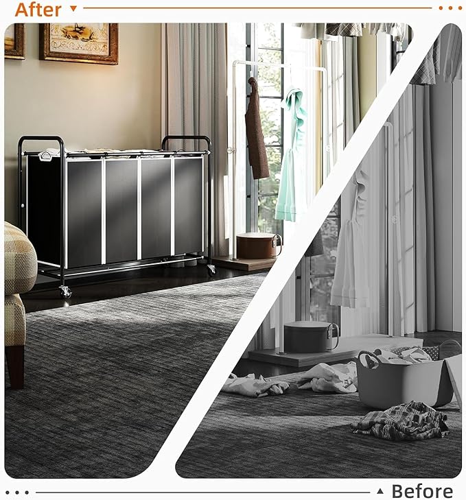 ROMOON Laundry Hamper Sorter Cart: 4-Section Organizer with Heavy-Duty Lockable Wheels and Removable Bags | 172L Rolling Laundry Basket for Dirty Clothes in Laundry Room or Small Spaces (Black)