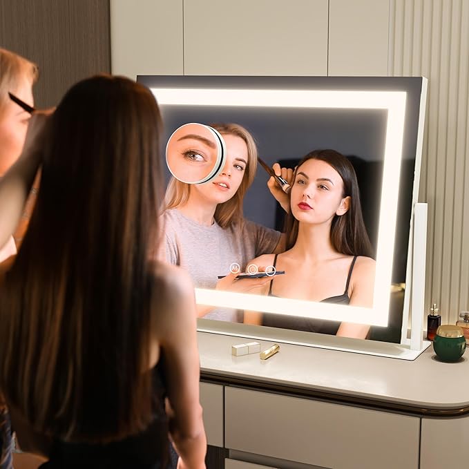 FENNIO Vanity Mirror with Lights 22''x18'' Makeup Mirror with Lights,Lighted Makeup Mirror with 10X Magnification and USB，Smart Touch Screen with 3-Color Lighting,Dimmable（Square White）