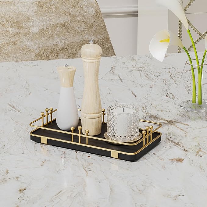 Bathroom Vanity Tray for Toiletries Makeup Perfume Candle Toilet Tank, Kitchen Tray for Soap Dispenser Spice Salt, Small Tray for Countertop Decor Coffee Nightstand 7.9”x4.4” Black-Gold