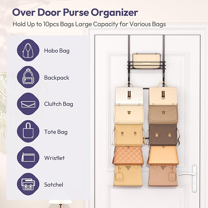 SWTYMIKI Over The Door Purse Organizer - Wall Mounted Handbag Organizer with 10 Hooks and Metal Basket, Hanging Purse Storage Rack Holds up to 10 Bags, Bag Rack Can Use As 1/2 Part, for Door, Closet