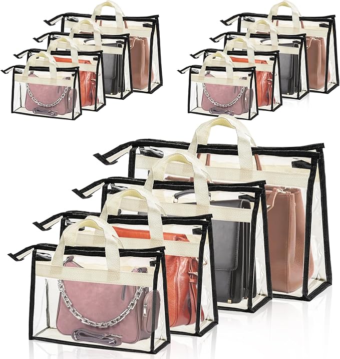 Peohud 12 Pack Clear Handbag Storage Organizer, Dust Bags for Handbags, Transparent Purse Organizer for Closet, Hanging Handbags Dust Cover Bags with Zipper, Handles and Hooks