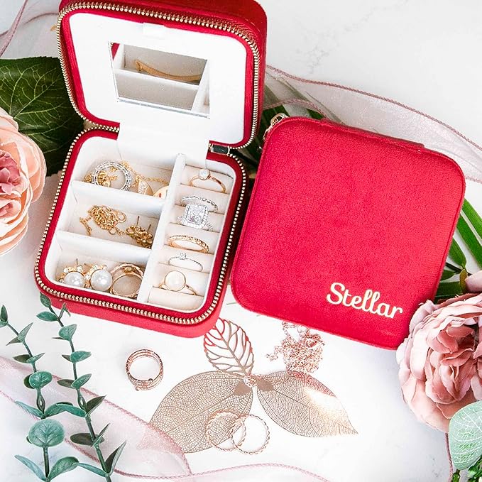 Customizable Compact Velvet Jewelry Box with Mirror, Travel Jewelry Case, Travel Jewelry Organizer, Jewelry Box for Women and Girls, Small Jewelry Organizer (Bottom Right Text, Wine Red)