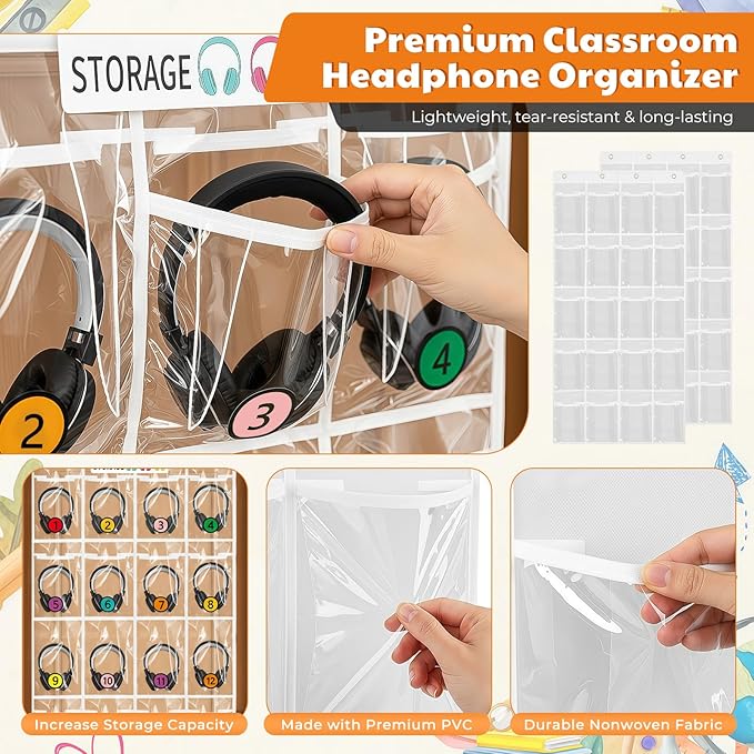 Classroom Headphone Storage Organizer with 20 Pockets, PVC Clear Headphone Holder for Classroom Storage Office School Teaching Aids Storage Home Over-the-Door Hanging Bag with 51 Labels (1pcs)