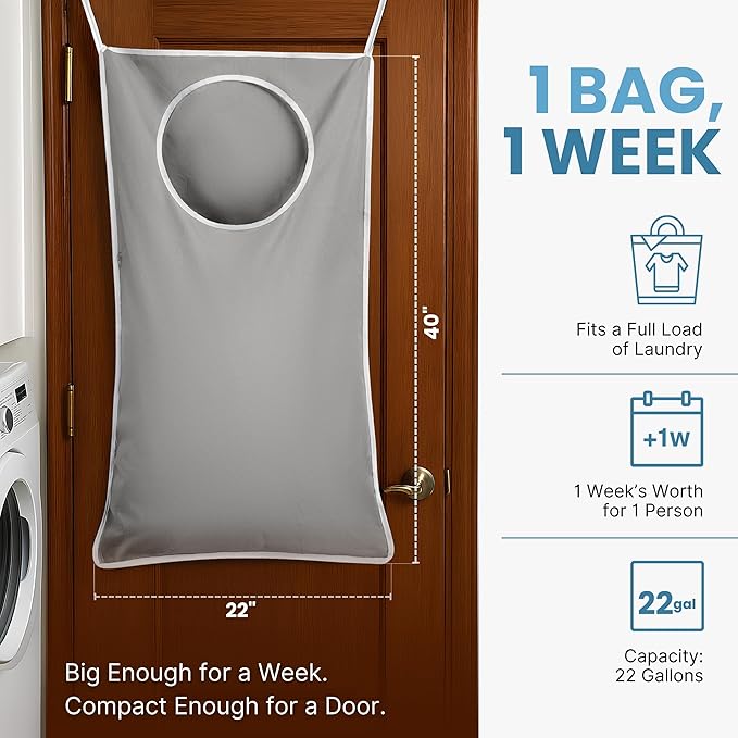 Hanging Laundry Hamper Bag XL 40x22", Space Saving over the Door Storage Bags, Behind the Door Hampers for Dirty Clothes & Wall Mounted Basket for Bathroom (2, Gray)