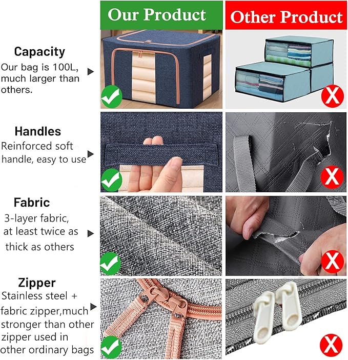 Large Capacity Clothes Storage Bags Stackable Storage Organizer with Foldable Metal Frame Zipper Handles Clear Window Storage Container Box for Blanket Sweater Comforter Pillow (100L Gray 2 Pack)