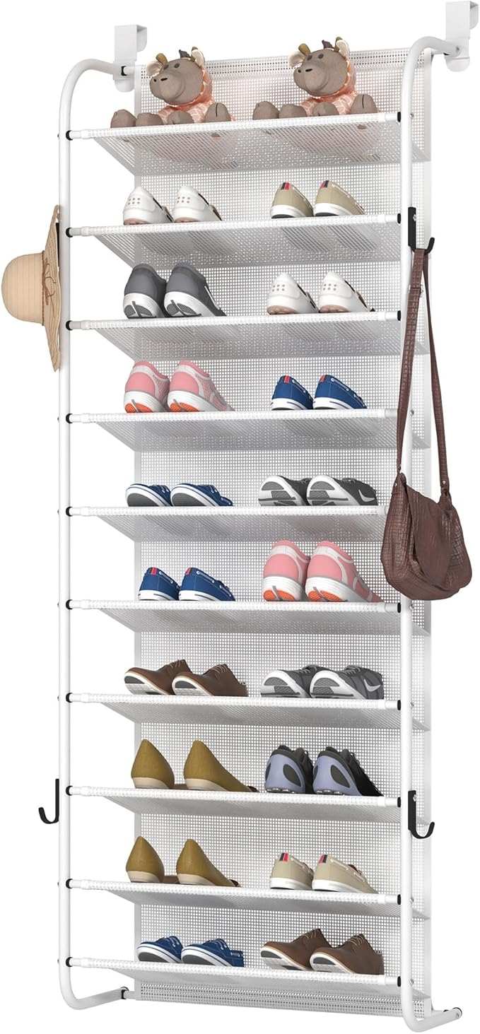 10 Tier Shoe rack Hanging Shoe Storage the door shoe rack for Closet Pantry Over The Door Shoe Organizer Wall Floating Shelves (White, 10 Tier)