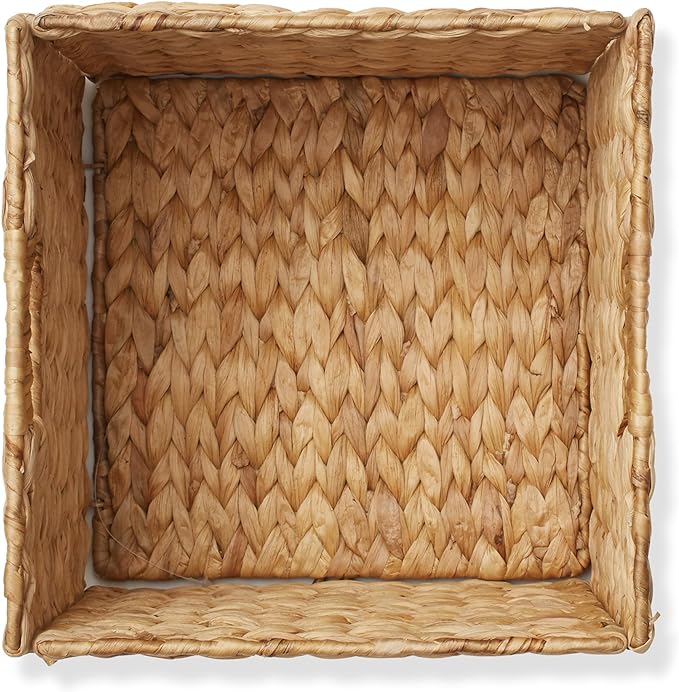 Casafield 10.5" x 10.5" Water Hyacinth Storage Baskets, Natural - Set of 4 Collapsible Cube Organizers, Woven Bins for Bathroom, Bedroom, Laundry, Pantry, Shelves