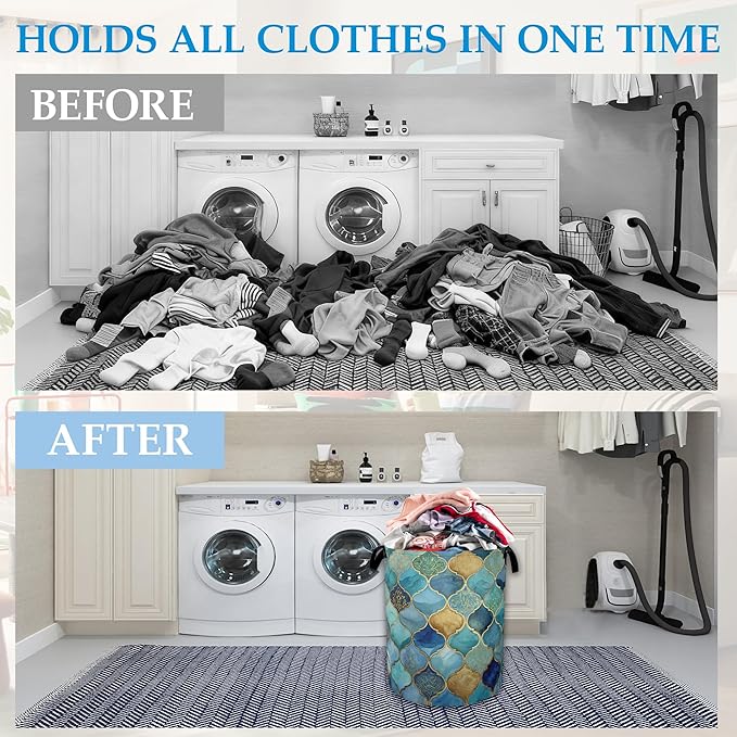 Moroccan Mosaic Laundry Basket Collapsible Laundry Hamper, Oxford Cloth Storage Bin for Room/Bathroom/Bedroom/Dormitories 16" X 20.8"