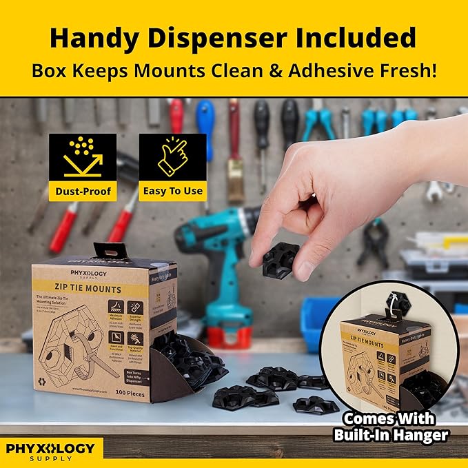 Rugged, Stylish Adhesive XL Zip Tie Mounts 100 Pack. Premium 1.5in Sticky Back Ziptie, Cord, and Cable Management Anchor Clips. Easy Peel and Stick Mounting Bases With Hanging Organizer Box Dispenser