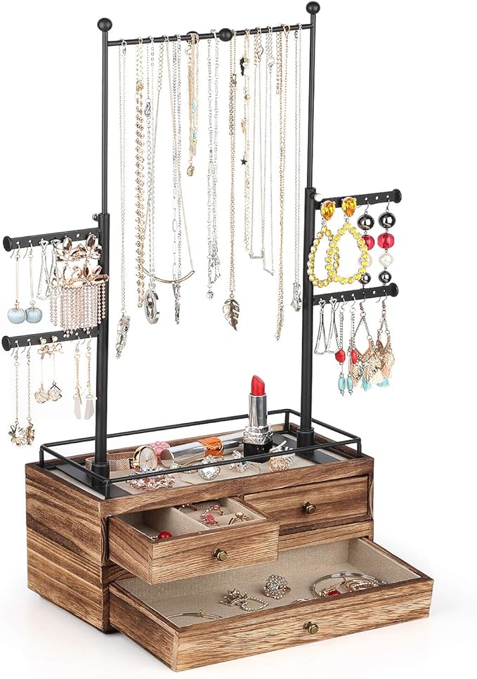 Olakee Jewelry Organizer - 2 Layer Wooden Jewelry Drawer Storage Box with 6 Tier Jewelry Tree Stand, Jewelry Display for Necklaces Bracelet Earring Ring (Carbonized Black)