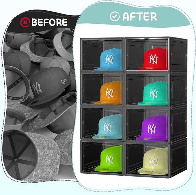 6 Pack Hat Organizer Box, Stackable Clear Baseball Caps Holder Box Containers with Magnetic Door for Hats Snapback Cap Storag, Hat Rack Display Case, Holds 8 Hats Each (Black)