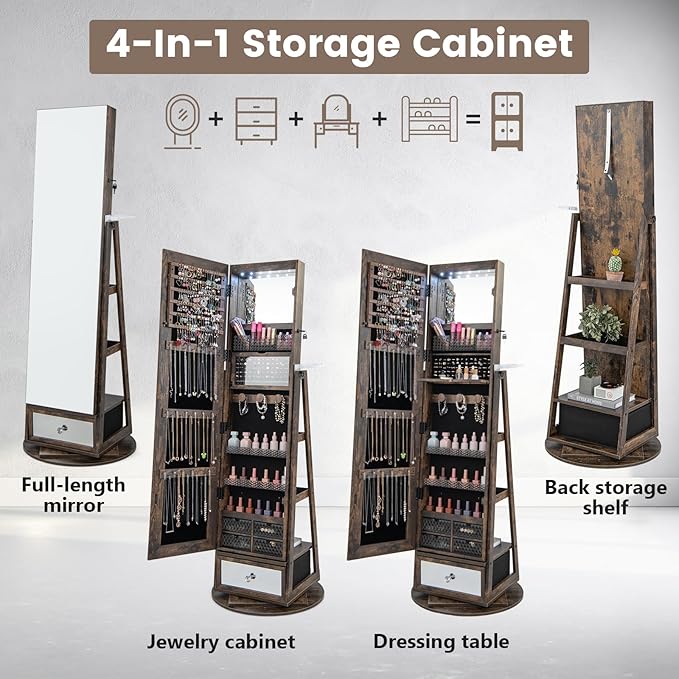 GOFLAME 360° Rotating Jewelry Cabinet with Full Length Mirror, Standing LED Mirror Jewelry Armoire, Lockable Jewelry Organizer with Hair Dryer Rack, Back Storage Shelves, Inner Makeup Mirror, Brown