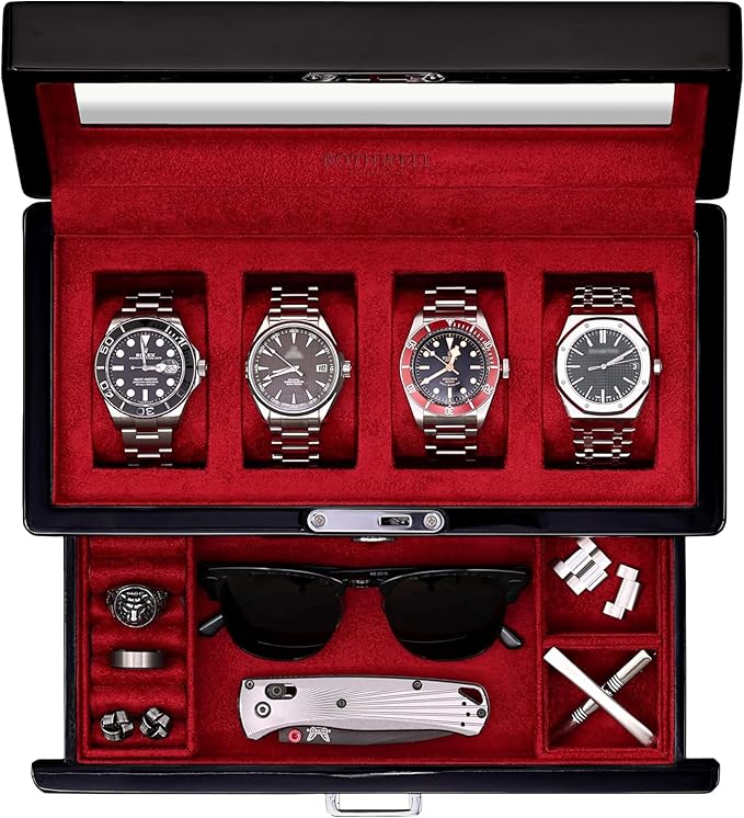 ROTHWELL 4-Slot Piano Black Watch Box with Valet Drawer - Premium Jewelry Display Case Organizer with Locking Glass Top and Microsuede Liner for Men & Women (Red Interior)