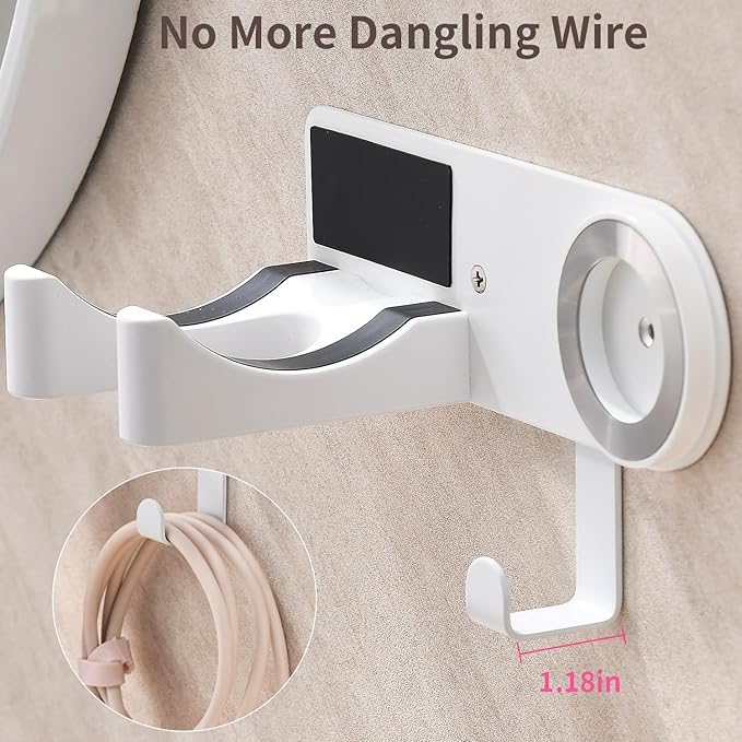 Hair Dryer Holder Wall Mounted, Hair Dryer Organizer Self Adhesive Compatible with Dyson Blow Dryer Holder Aluminum BlowDryer Holder Wall Mounted for Bathroom White