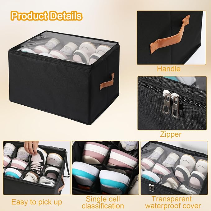 Shoe Organizer for Closet 2 PCS Foldable Shoe Storage Organizer with Clear Cover, Fits up to12 pairs Shoes Organizer Box Bin With Bottom Support (black)