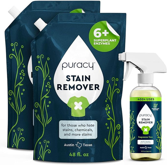 Puracy Stain Remover, Natural Travel and Laundry Stain Cleaner for Clothes, Baby Essentials, Kids Stains, Oil and Fabric Spot Cleaner, Unscented (48 fl oz, Pack of 2, and12 fl oz)