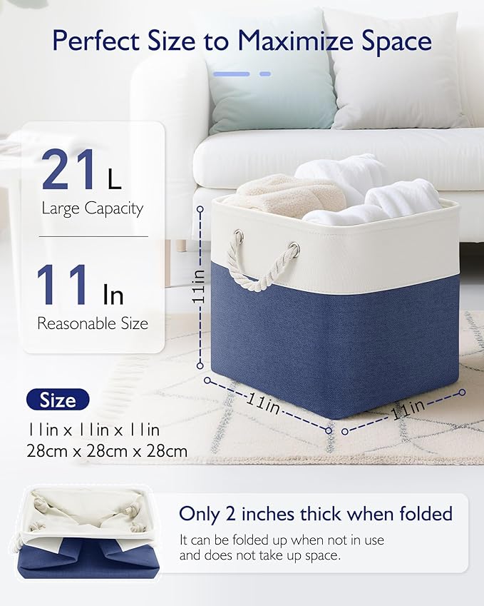 11 Inch Storage Cubes 6-Pack, Foldable Fabric Organizer Bins with Rope Handles, Cube Storage Baskets for Closet Shelves and Home Organization(White/Blue)