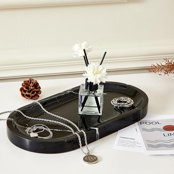 Denique Natural Marble Bathroom Tray, 12"x6" Vanity Tray Black Marble Decorative Tray, Countertop Organizer for Perfume & Candles, Jewelry Dish Ring Holder for Bathroom Counter, Vanity, Dresser