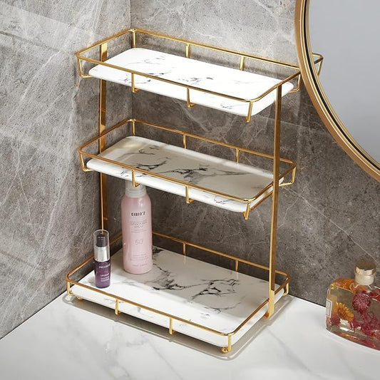 Bathroom Organizer Countertop Perfume Organizer Makeup Organizer Cosmetics Storage Display Rack Vanity Tray Dresser Stainless Steel Gold Shelf White Marble Ceramic Tray