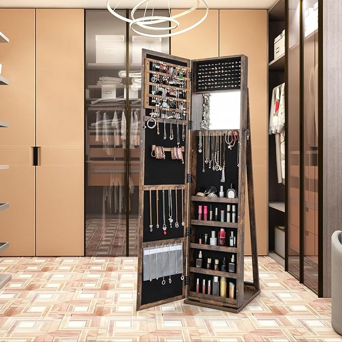 GOFLAME Jewelry Cabinet with Full-length Mirror, Jewelry Storage Organizer with Makeup Mirror, Back Storage Shelf, Lockable Jewelry Cabinet Armoire for Bedroom, Living Room (Brown)