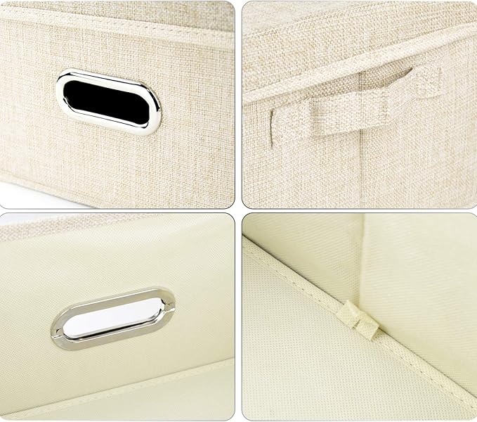 Collapsible Fabric Storage Box with Lid and Handles, Linen Storage Containers, Nursery Storage Basket for Gifts, Books, Magazines, CDs, Kids Toys, Clothes, Underwear, Makeup, 13" x 9.4" x 7", Beige