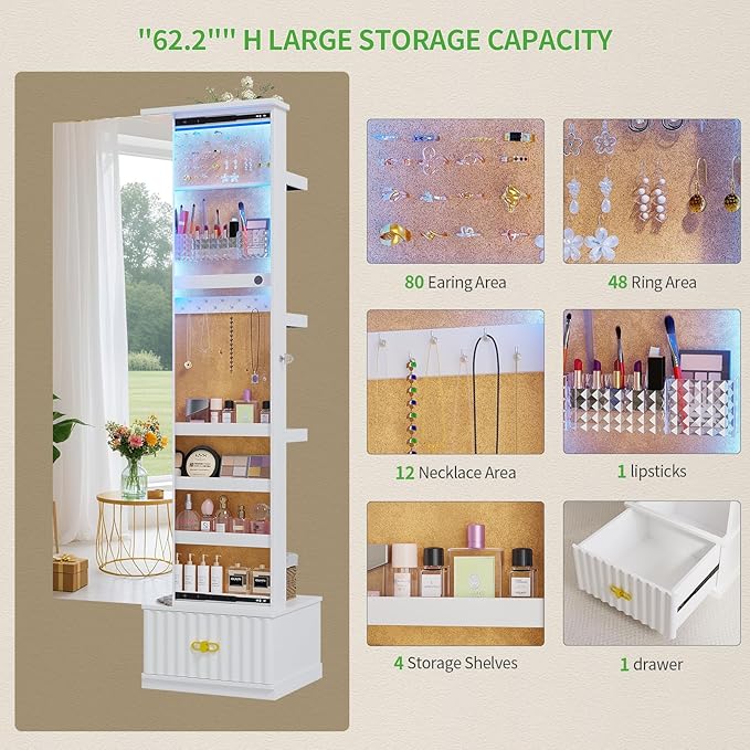 HNEBC Mirror Full Length with Stand, Jewelry Organizers and 4 Storage Racks, Jewelry Cabinet with Drawes,Ring-Necklace-Earring Holder, Jewelry Armoire with Lights for Bedroom/Cloakroom (White)