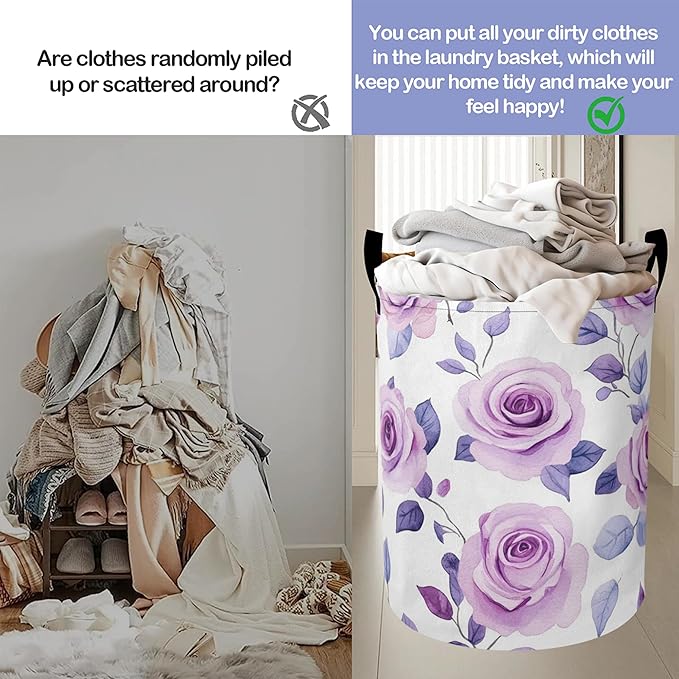 Retro Purple Butterfly Laundry Basket-Large Foldable Hamper Holder Portable Tall Collapsible Laundry Hamper Storage Basket Bin with Handles, Canvas & Waterproof lining for Household Items