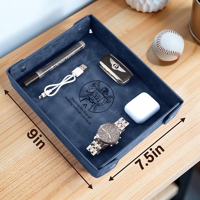 Engraved Baseball Valet Tray–Personalized Leather Catchall with Custom Name–Men’s Nightstand Organizer for Keys, Wallet, Jewelry, and Essentials – Unique Baseball Fan Gift for Home or Office - Blue