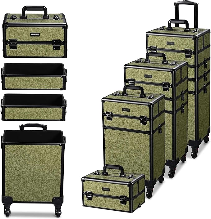 BYOOTIQUE Cosmetology Cases on Wheels Rolling Makeup Organizer Cart 3-Piece Professional Nail Tech Storage Kit for Nail Artist Barber Salon Hairstylist,Rococo Moss