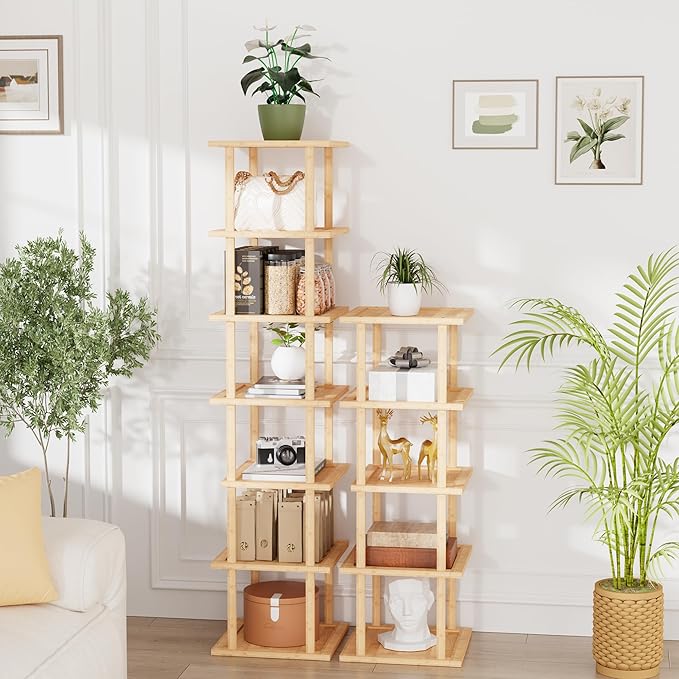 Vertical Tall Shoe Rack Organizer for Entryway -12 Tier Free Standing Slim Narrow Bamboo Wood Corner Stackable Shoe Boots Storage Stand Small Spaces for Closet Garage Cloakroom Living Room (Nature)