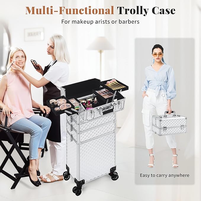 AROUS Rolling Makeup Train Case 4 in 1 Cosmetology Case on Wheels Large Storage Cosmetic Trolley with Key Salon Barber Case Traveling Cart Trunk, Silver