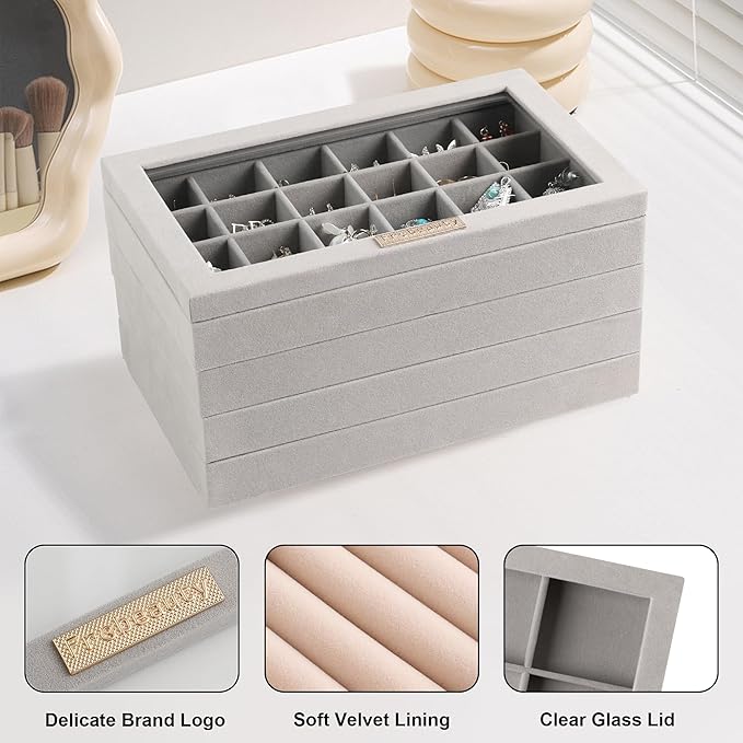 Frebeauty Stackable Jewelry Trays with Lid,Velvet Earring Organizer Tray,5-in-1 Jewelry Organizer for Drawer Vanity Dresser,Jewelry Storage for Studs Bracelets,10.5 x 6.5 x 5.55 Inches,Gift for Women