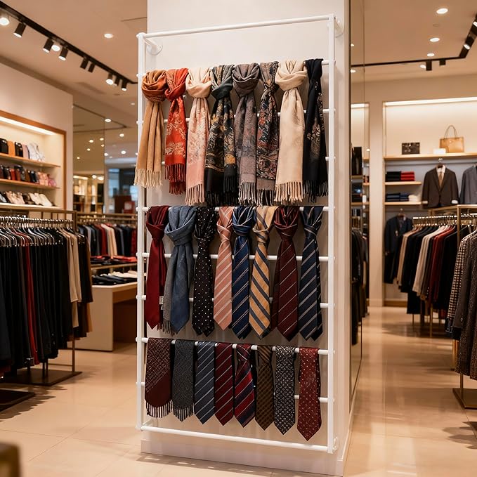 10-Layer Wall Mounted Display Rack, Tie & Scarf Rack Belt Towel Holder Wrapping Paper Ribbon Organizer Scarves Belts Necktie Hijab Stand Metal Shelving for Home, Retail Stores, Flower Shop