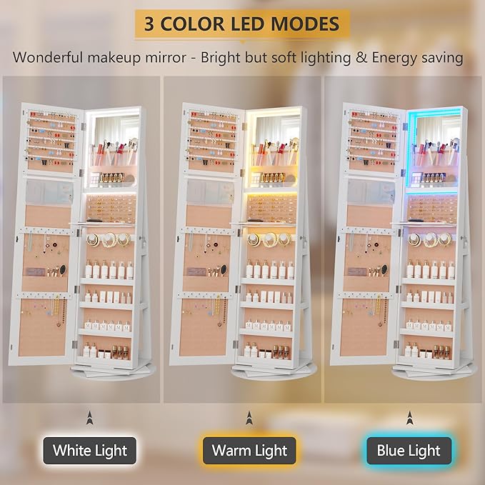 Vlsrka 360° Swivel Mirror Jewelry Cabinet, Large Jewelry Armoire Cabinet Standing, Lockable Full Length Mirror with Storage, 3 LED Lights, Foldable Makeup Shelf, Beige Velvet, White