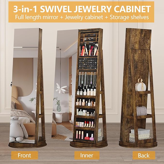 LVSOMT 360° Swivel Jewelry Cabinet with Full Length Mirror, 63" Large Capacity Jewelry Organizer Armoire, Lockable Mirror with Jewelry Storage, Floor Standing Mirror, Storage Shelves (Retro Brown)