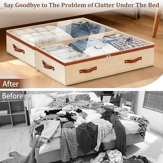 Dolicer 2 Pack Under Bed Storage with Wheels, 6in-10in Height Adjustable Underbed Storage Containers, 92L XXXL Under Bed Drawers Rolling Bin with Clear Lids for Dorm Shoes Clothes Organizers(Beige)