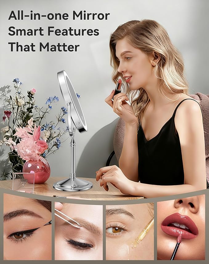 DOWRY 4000 mAh Rechargeable Lighted Makeup Mirror 20x Magnification Vanity Mirror Tabletop Two-Sided Swivel Gifts for Women Wife Mom Teengirls Chrome
