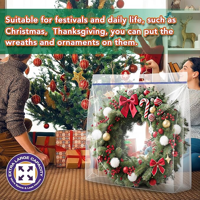 Extra Large Wreath Storage Bag, 34"x34"x8.5", Clear Storage Bag with Handle, Summer Christmas Decoration Garland Container for Seasonal Thanksgiving Holiday Artificial Wreath, 4 Pack